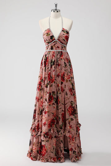 Flores halter de rosa empolvada Un vestido de invitada de boda de línea con abertura